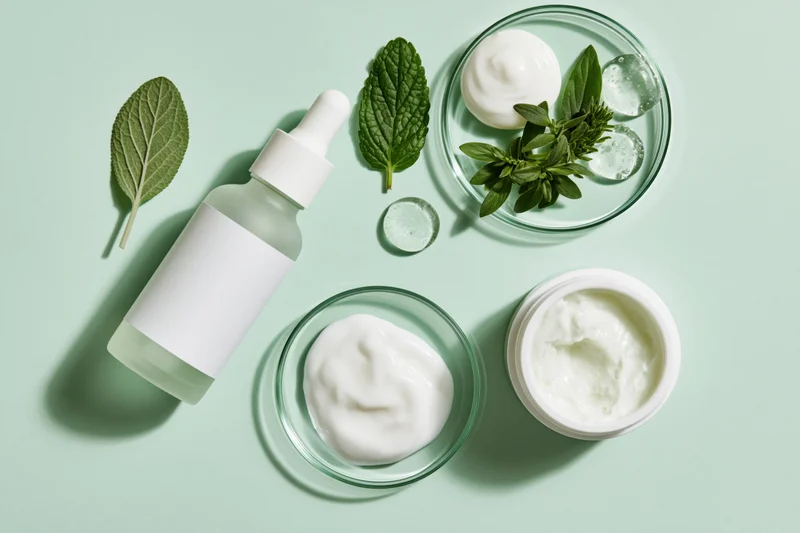 Skincare products and botanical leaves arranged in a flat lay on a mint green background
