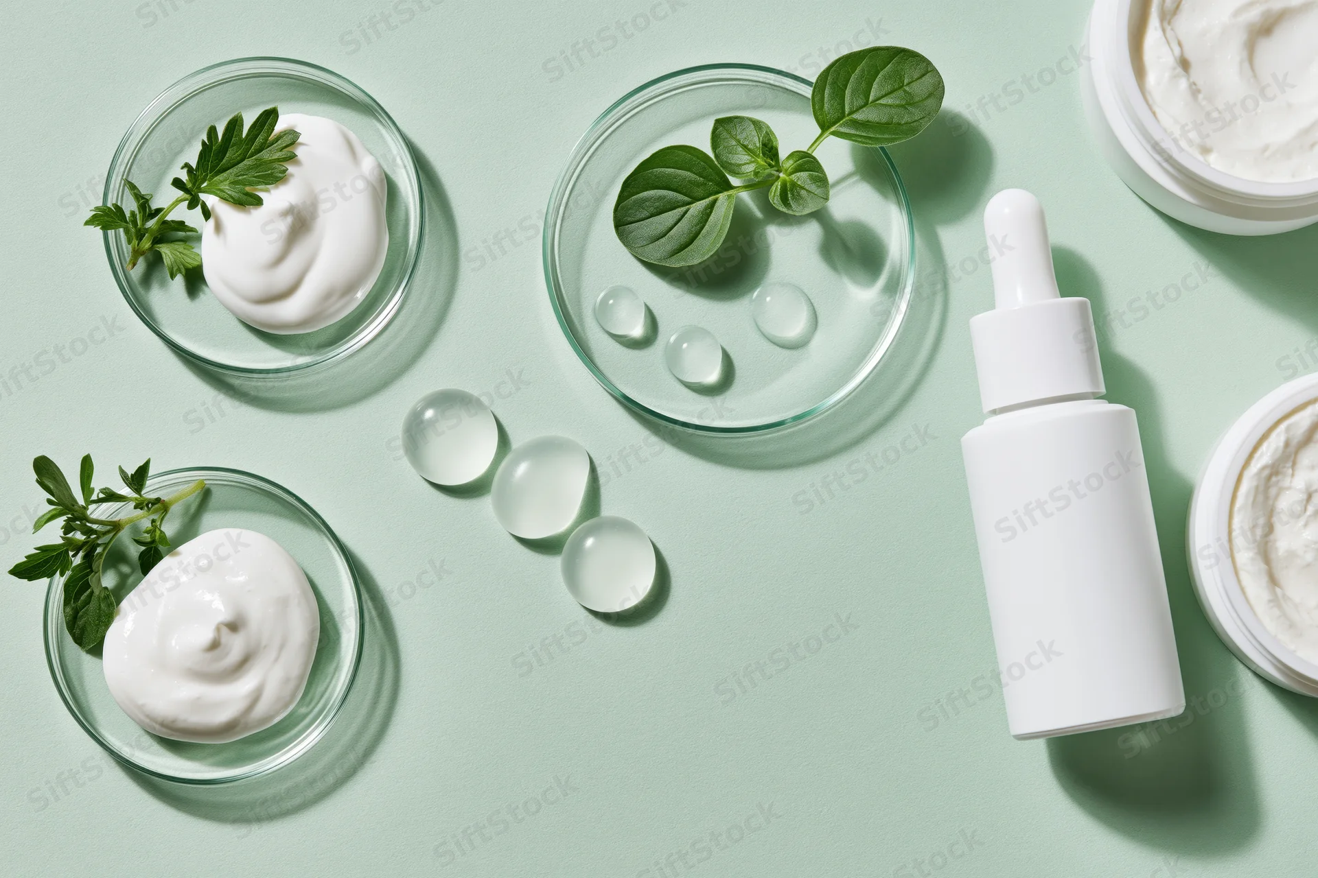 Skincare products and botanical ingredients arranged in a flat lay on a light green surface