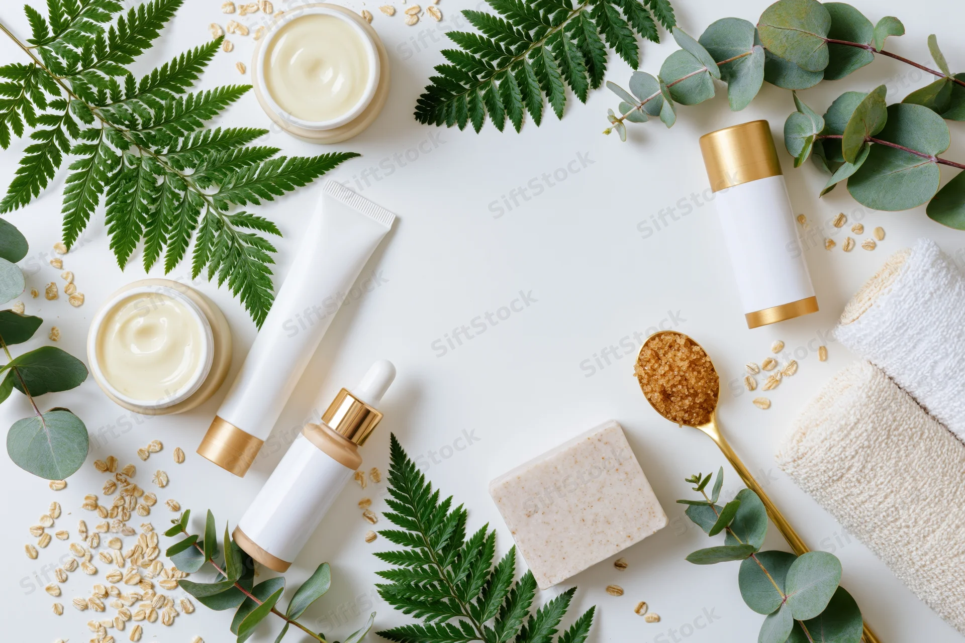 Skincare products arranged in a loose frame with greenery and oats on white surface
