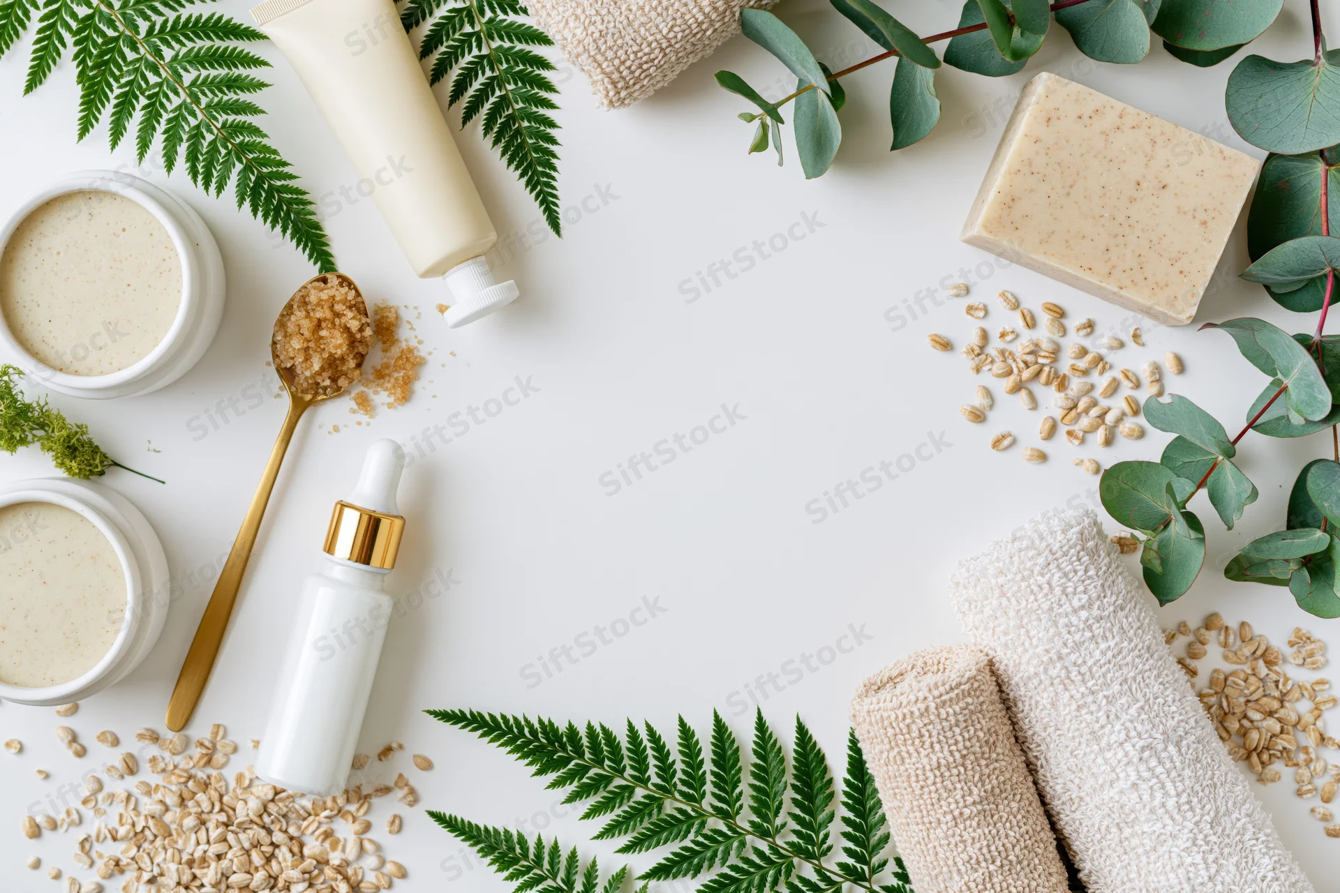 Skincare products and natural elements arranged in a loose frame on white surface with copyspace
