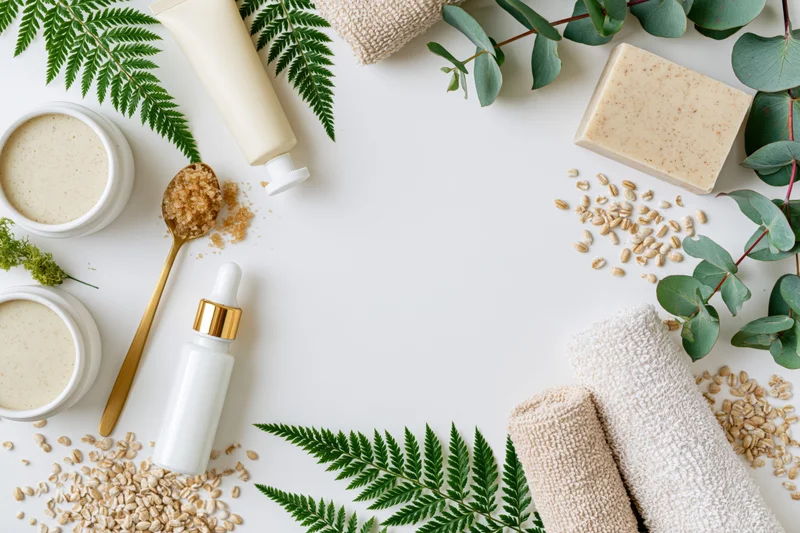 Skincare products and natural elements arranged in a loose frame on white surface with copyspace