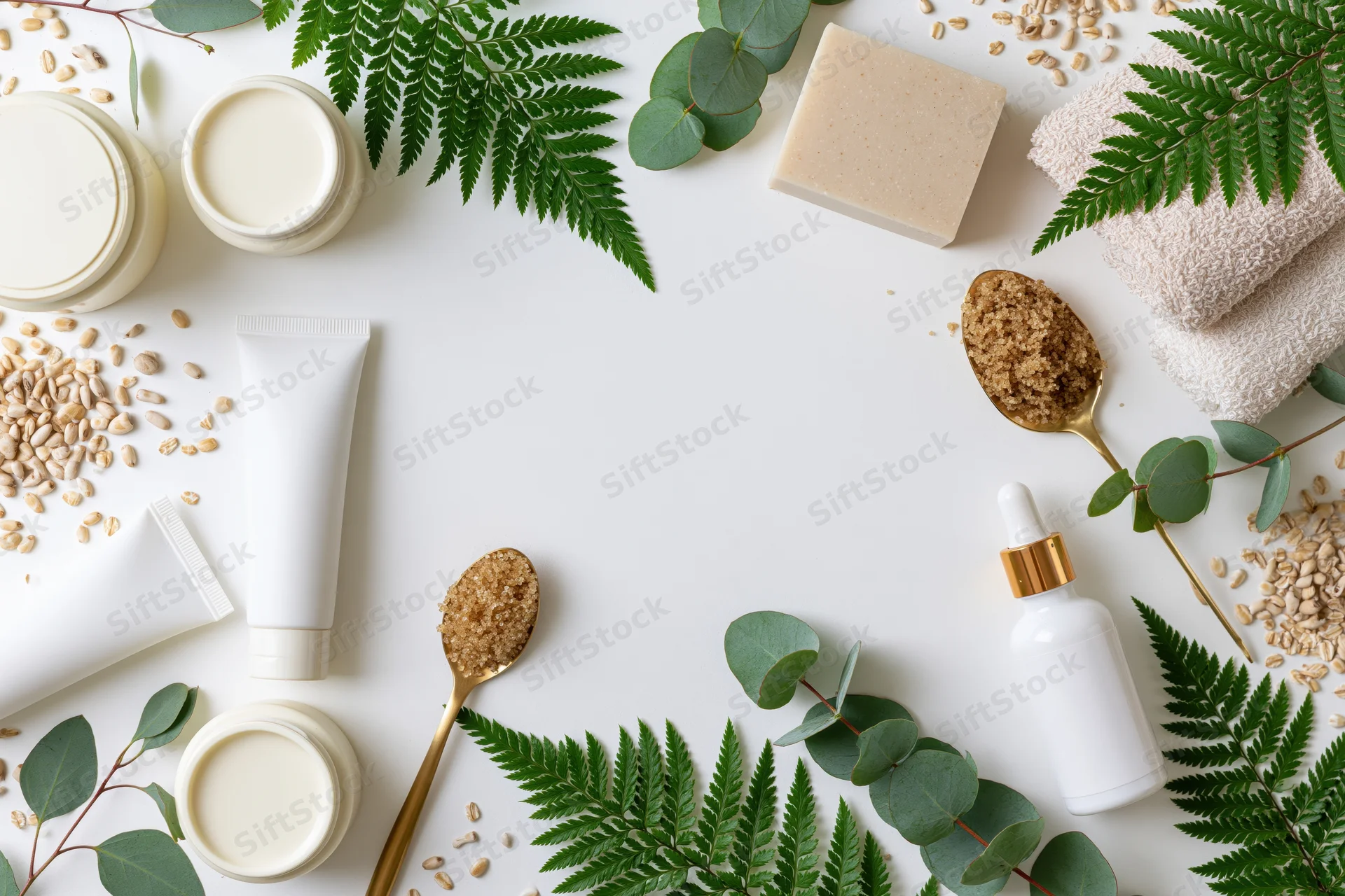 Skincare products and botanicals arranged in a loose frame on white surface with copyspace