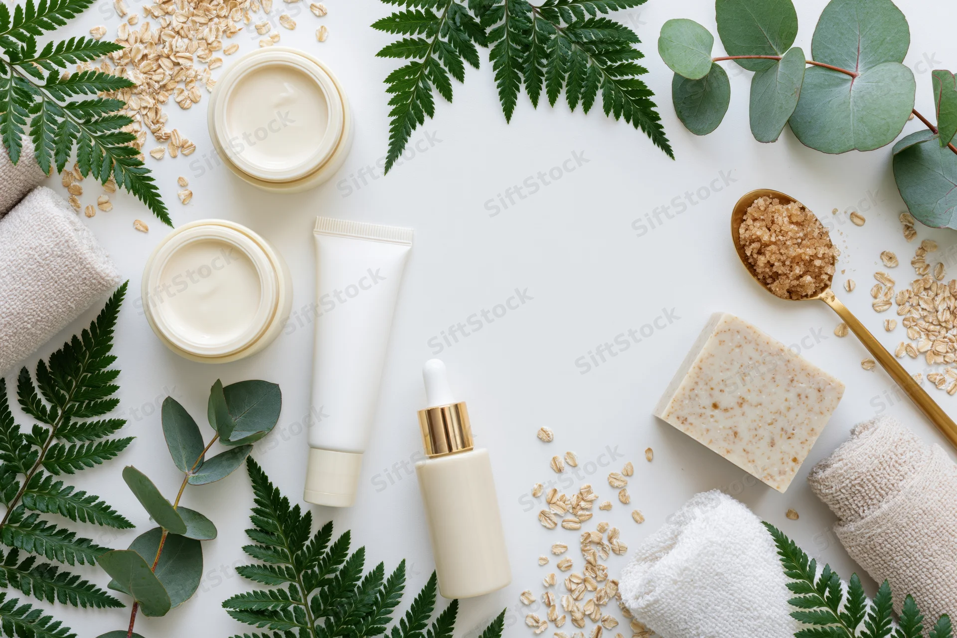 Skincare products and botanicals arranged in a loose frame on a white surface