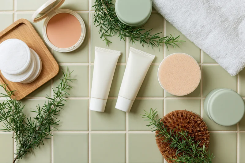 Skincare products arranged on a tiled surface with rosemary and towel
