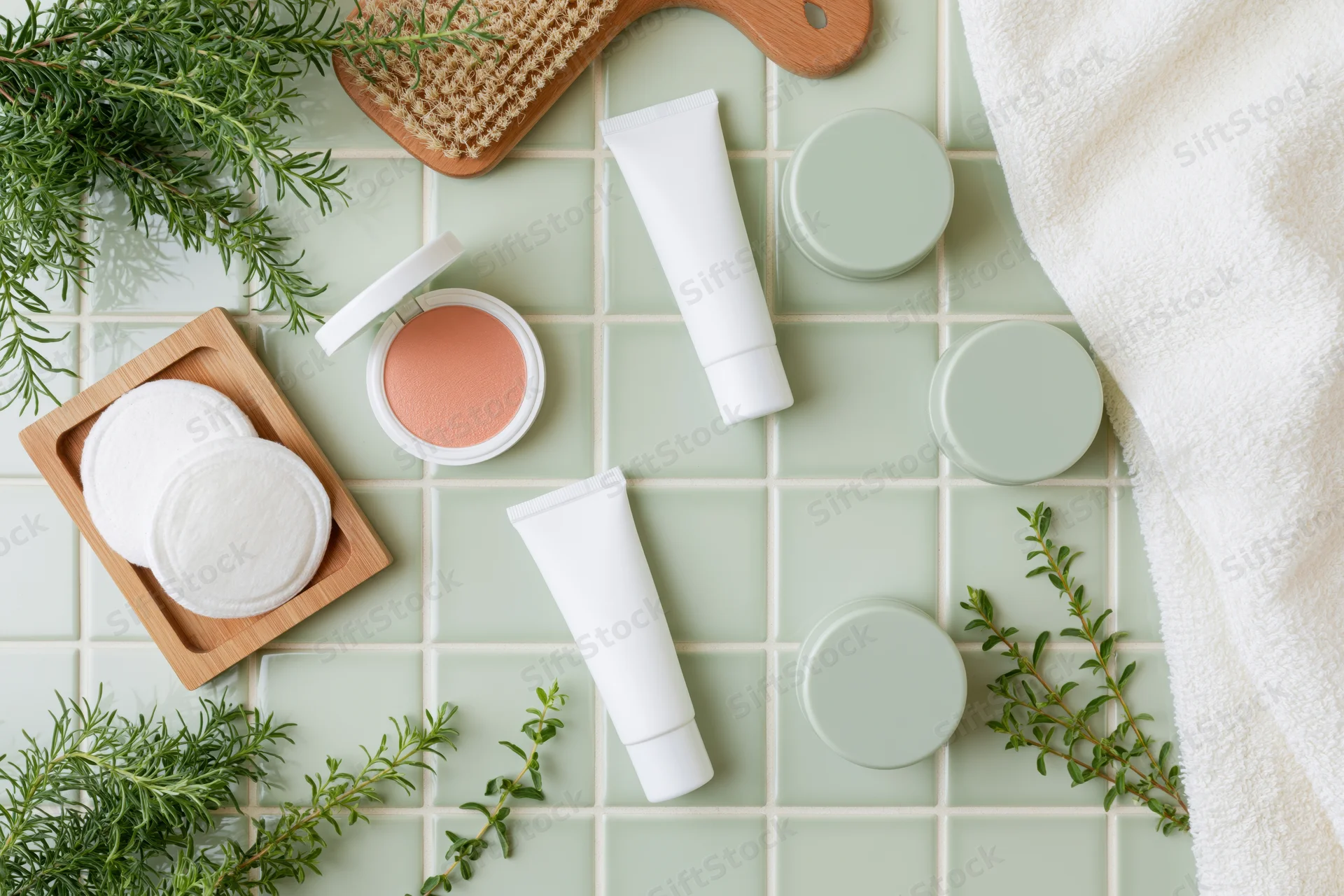 Skincare products arranged on tiled surface with herbs and towel