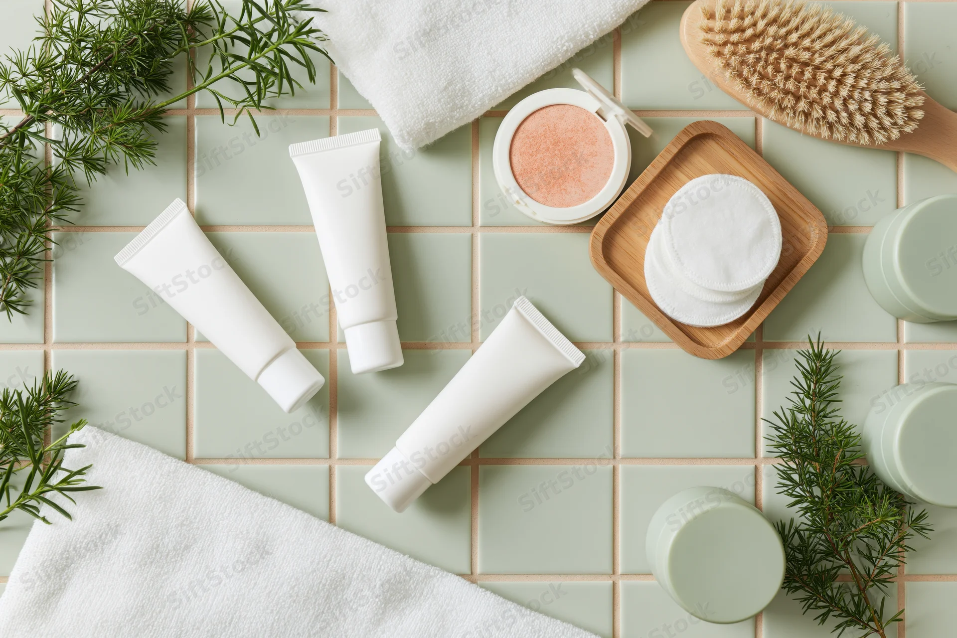Skincare products arranged on tiled surface with towels, brush, and rosemary sprigs
