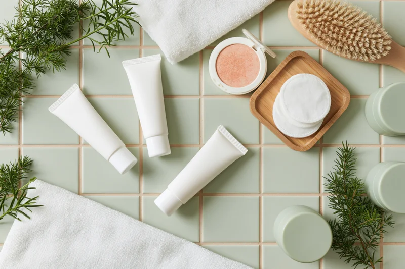 Skincare products arranged on tiled surface with towels, brush, and rosemary sprigs