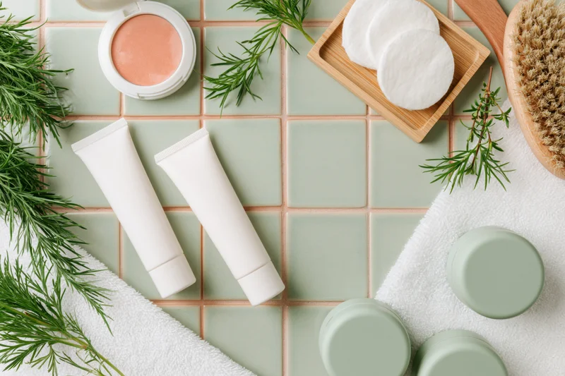 Skincare products arranged on tiled surface with herbs and towel