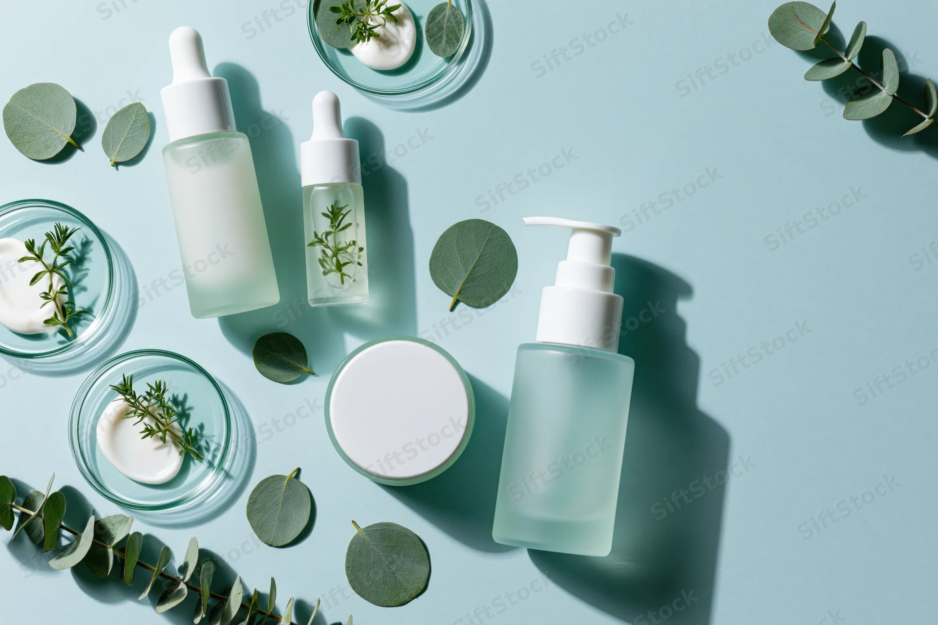 Skincare products arranged with eucalyptus leaves on a light blue surface