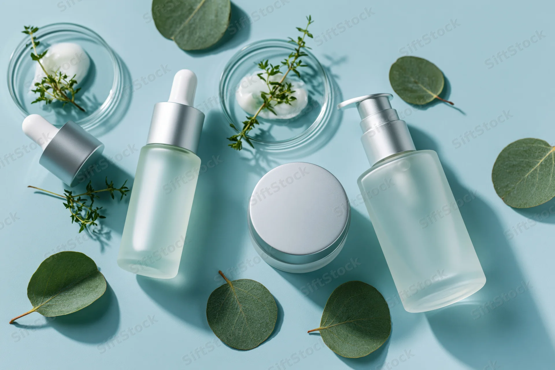 Flat lay of skincare products including dropper bottles, cream jar, and green leaves on a blue background