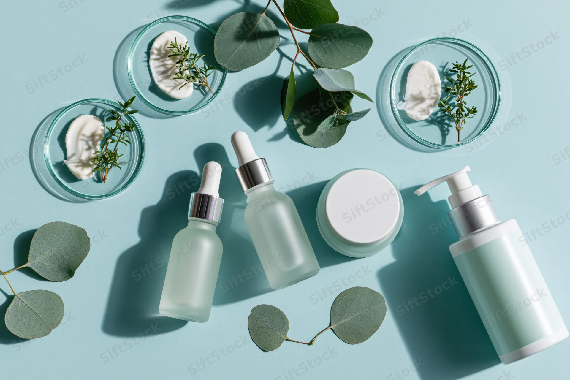 Flat lay of skincare products including dropper bottles, cream jars, and eucalyptus leaves on a light blue background