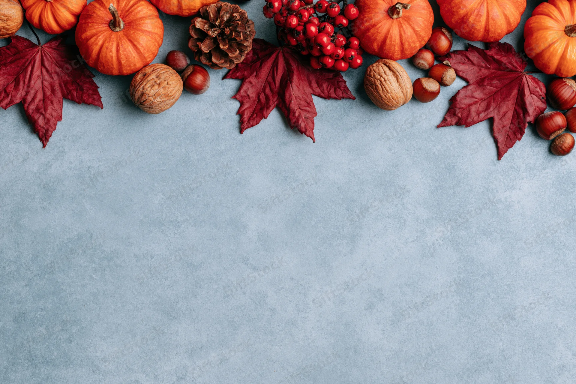 Autumnal arrangement of pumpkins, leaves, pinecones and nuts along the top of a gray textured surface