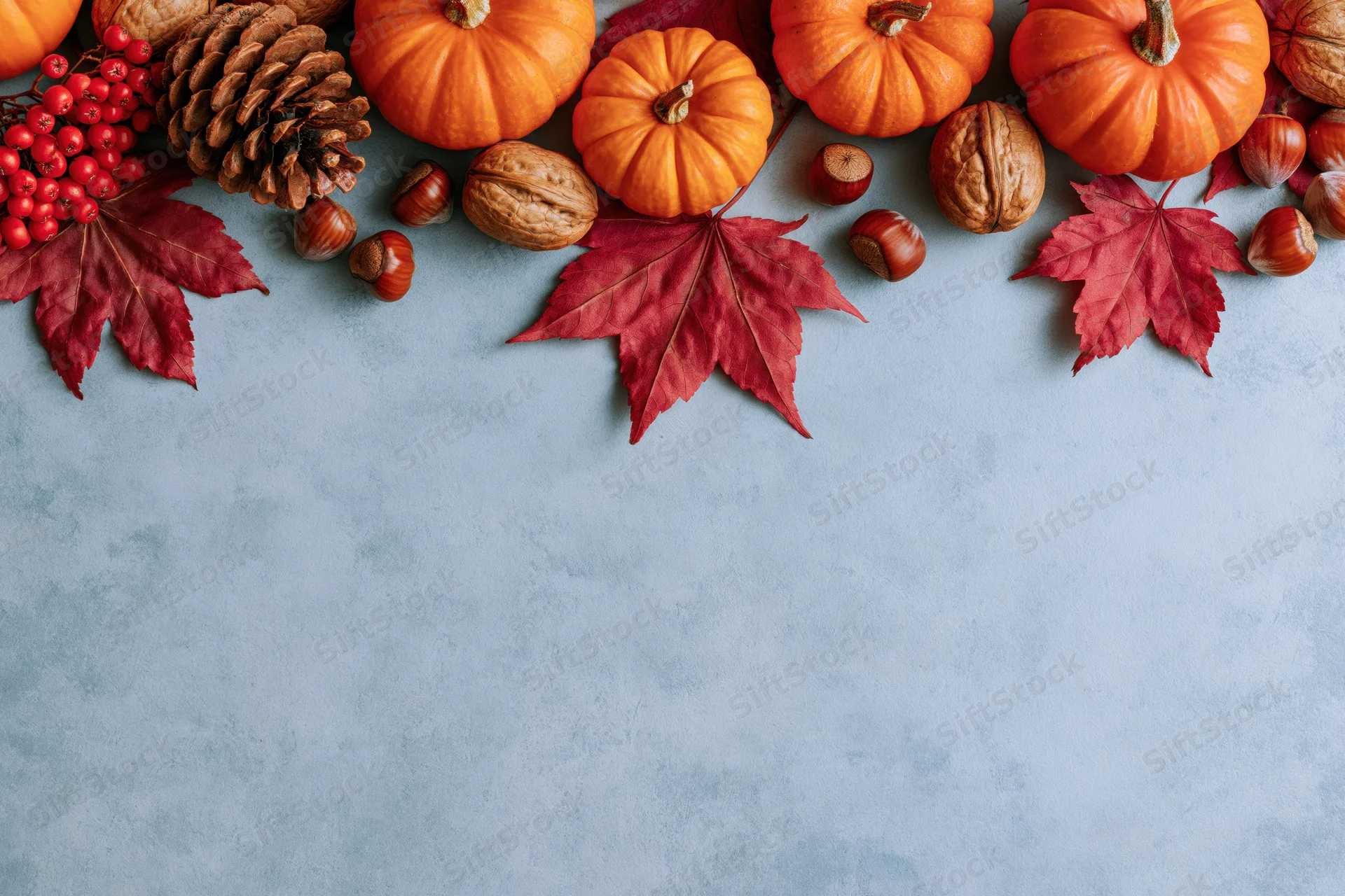 Small orange pumpkins and red maple leaves arranged in a row along the top of a gray surface with copyspace below