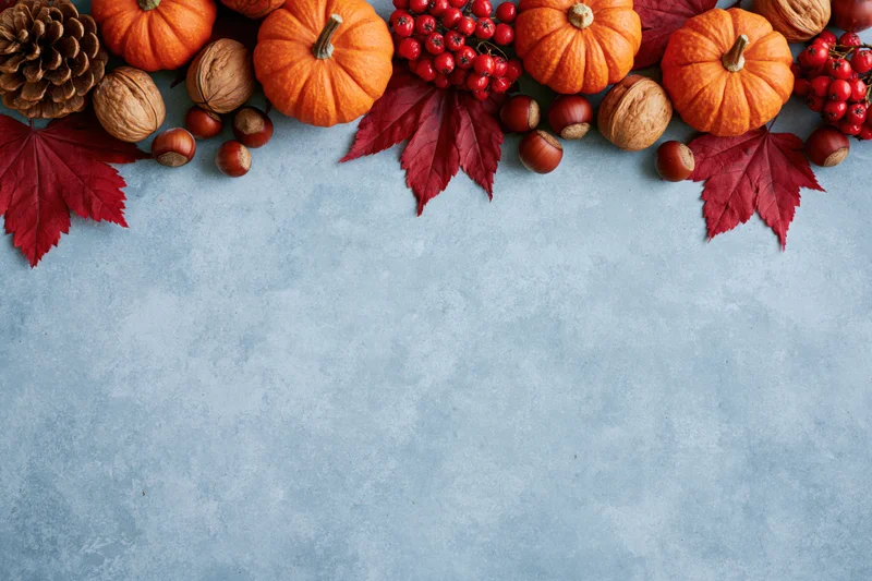 Small orange pumpkins and red maple leaves arranged in a border along the top of a gray textured surface with copyspace below