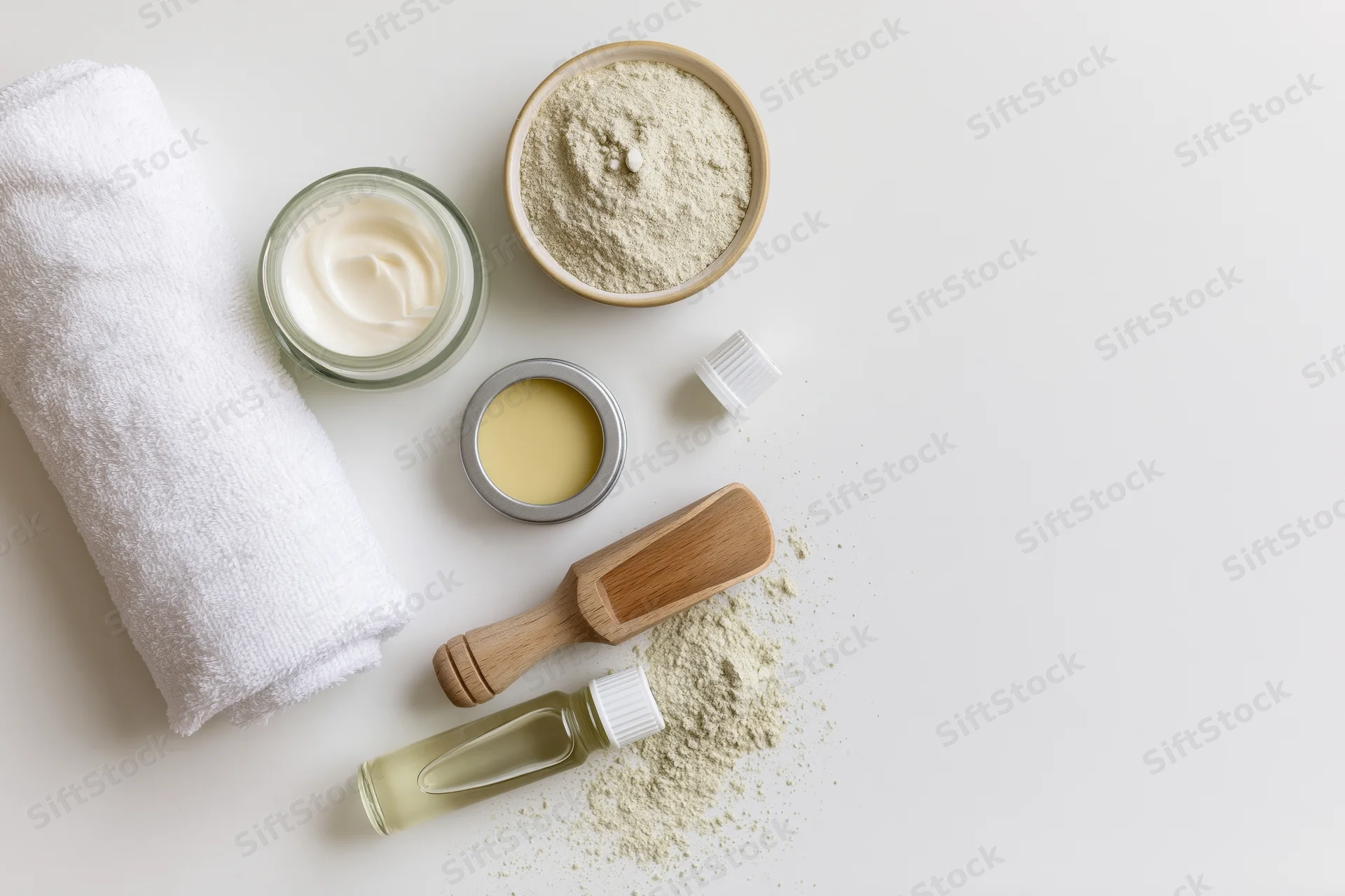 Skincare products arranged in flat lay on white surface with towel, cream, powder, bottle, jar, wooden scoop, and essential oil