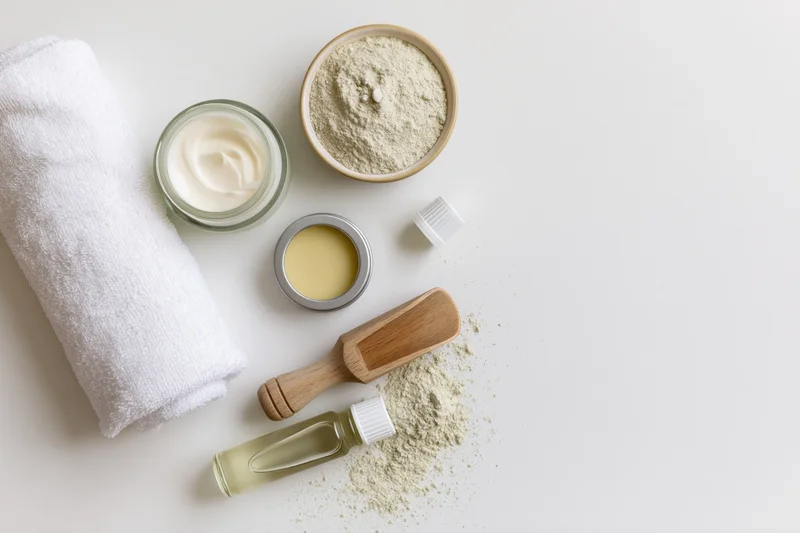 Skincare products arranged in flat lay on white surface with towel, cream, powder, bottle, jar, wooden scoop, and essential oil