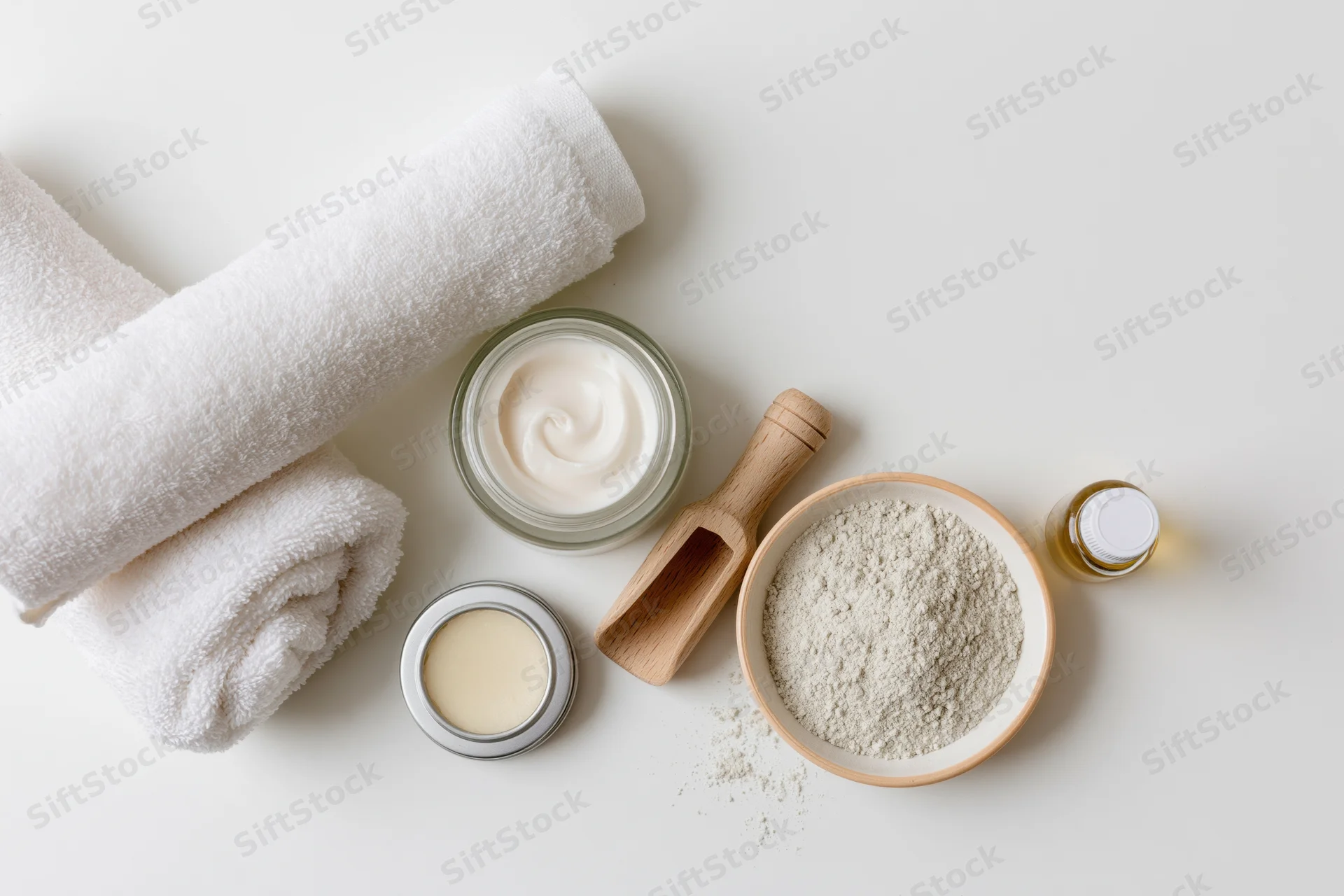 Skincare products and towels arranged on a white surface