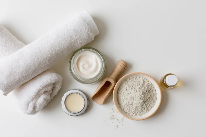 Skincare products and towels arranged on a white surface