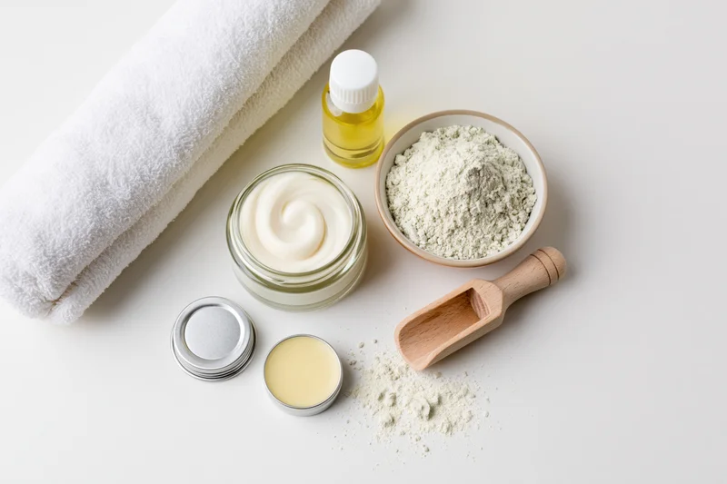 Flat lay of skincare products including cream, oil, powder, towel and wooden scoop on white surface