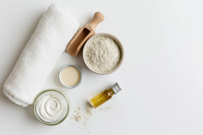 Skincare products arranged with towel and natural ingredients on white surface