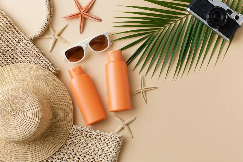 Summer beach accessories arranged on beige surface with copyspace