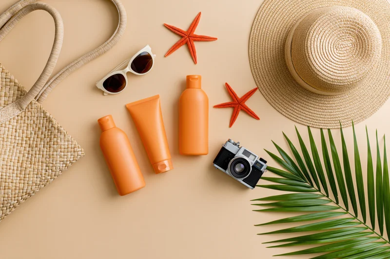 Summer beach accessories arranged flat on warm beige surface with straw hat, sunglasses, sunscreen bottles, camera, palm leaf and starfish