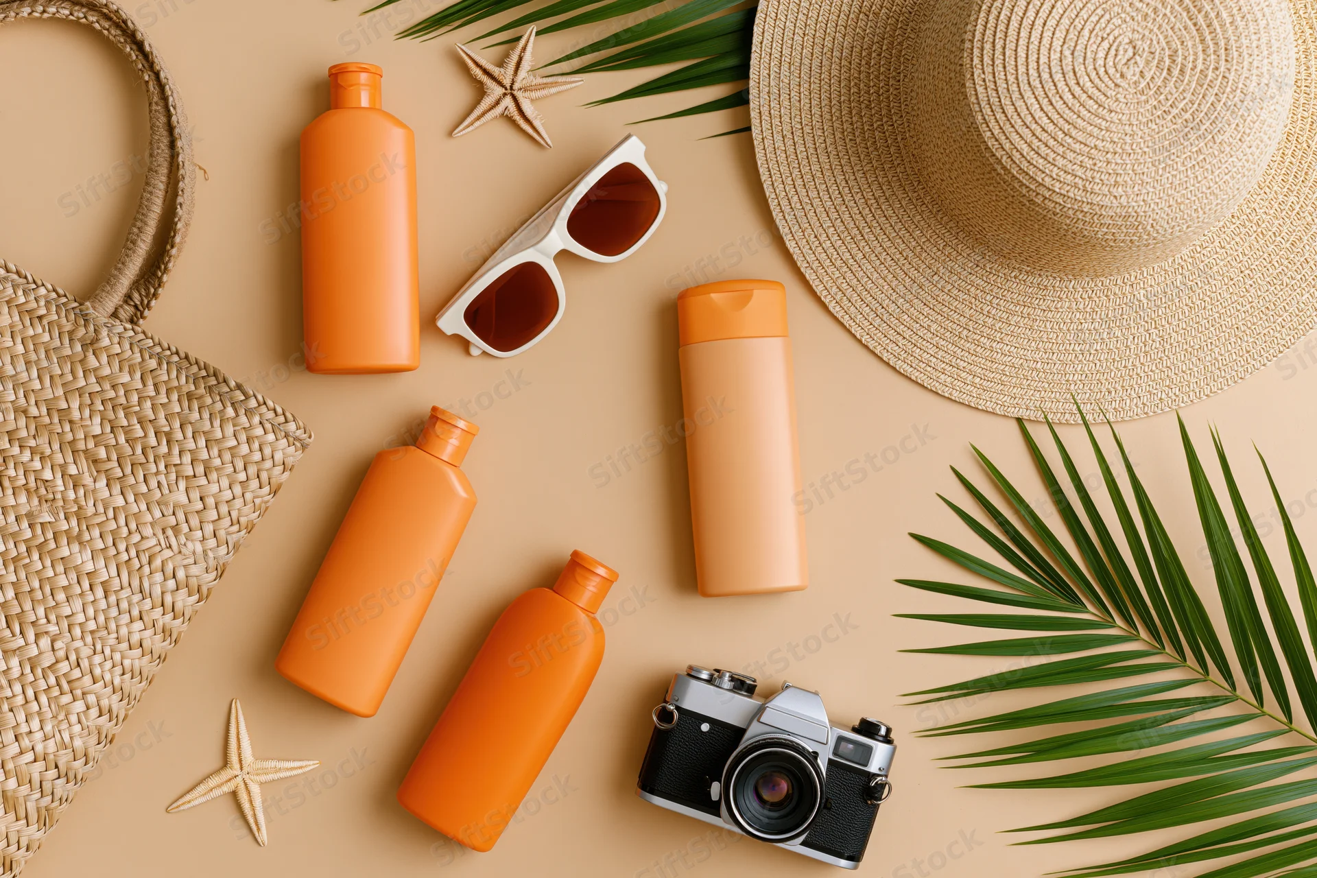 Summer beach accessories arranged flat on warm beige surface with palm leaves and starfish