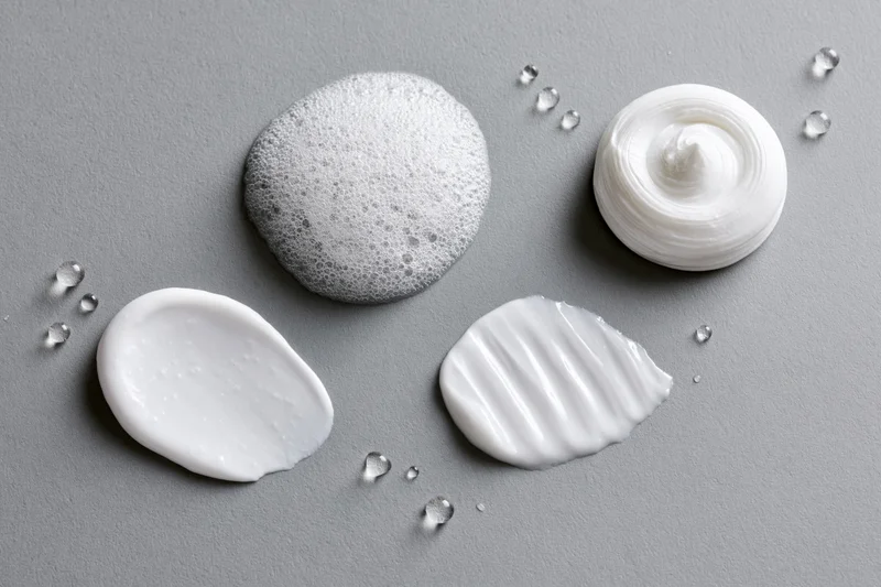 Four skincare product textures swatched on a smooth gray surface in flat lay arrangement