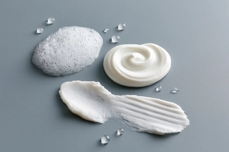 Three skincare product textures swatched on a smooth gray surface