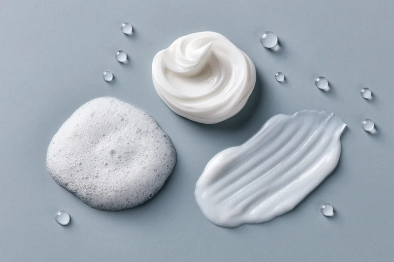 Three skincare product textures — cream, foam, and lotion — arranged on a smooth gray surface