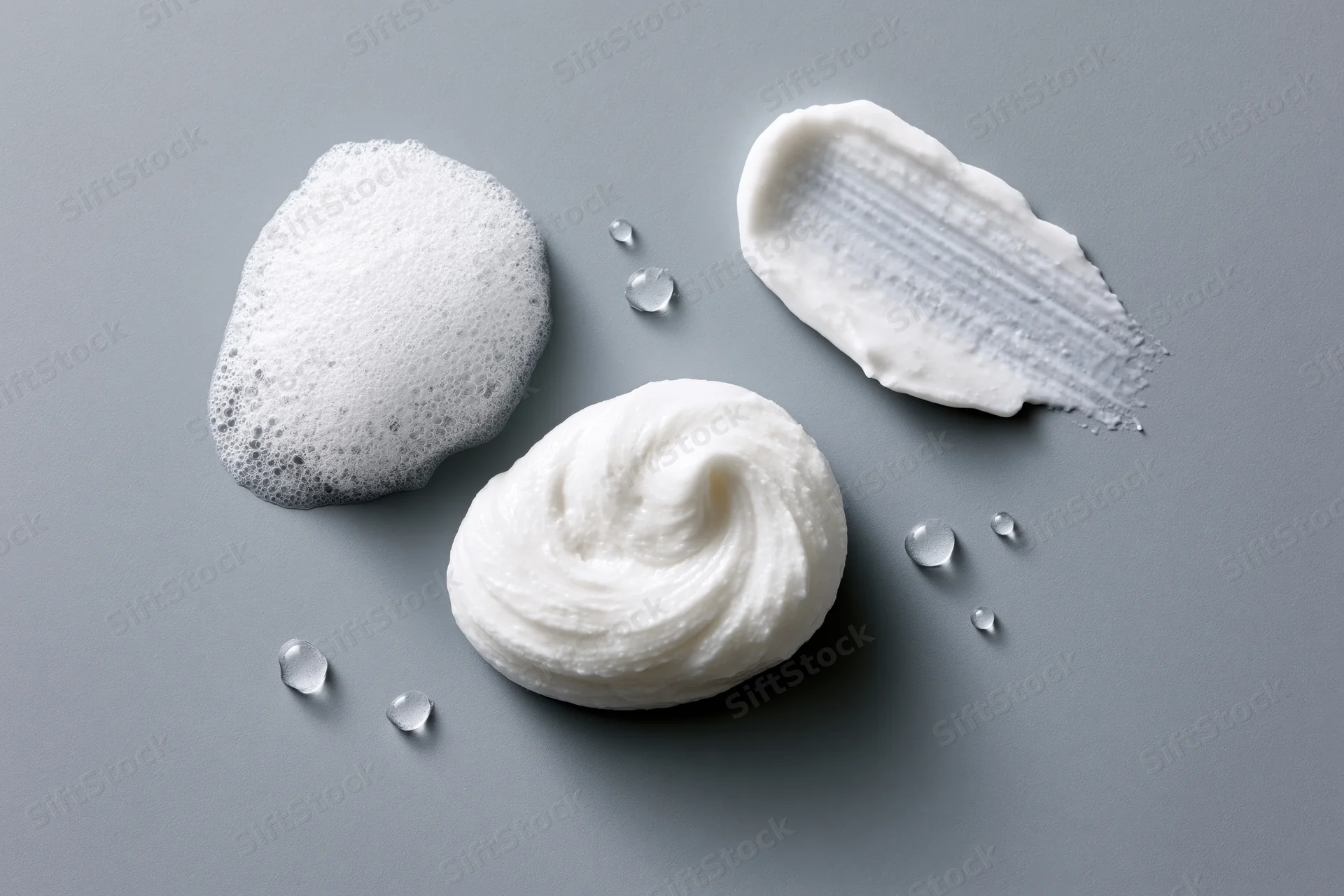 Three skincare product texture swatches arranged on a smooth gray surface
