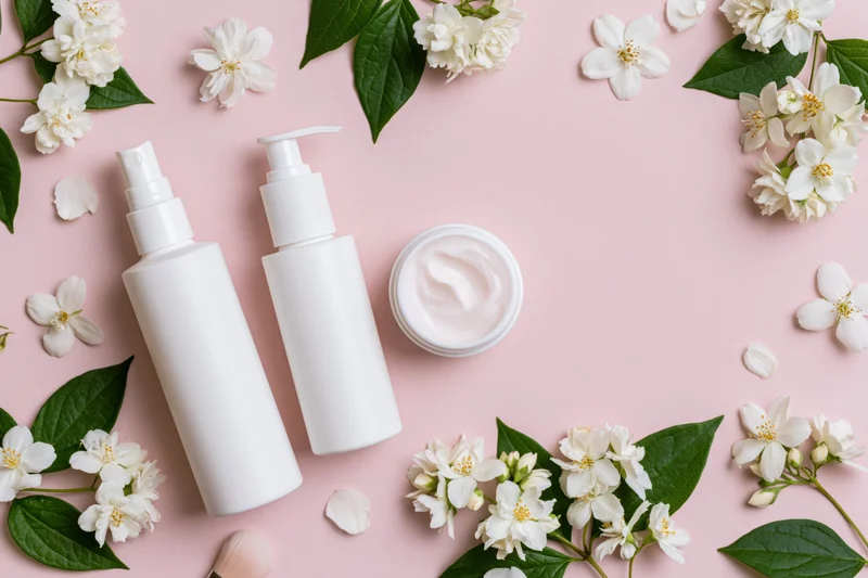 Three white skincare bottles and a jar with jasmine flowers on a pink background