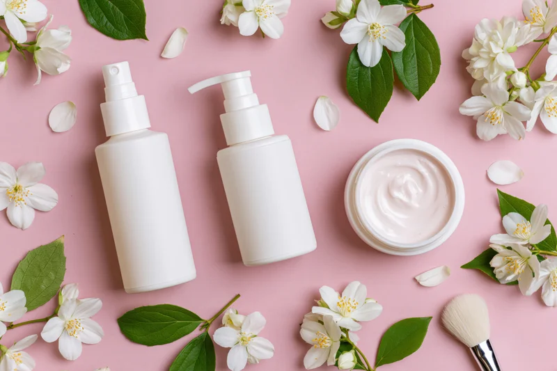 Three white unlabeled skincare containers with jasmine flowers and a brush on pink background