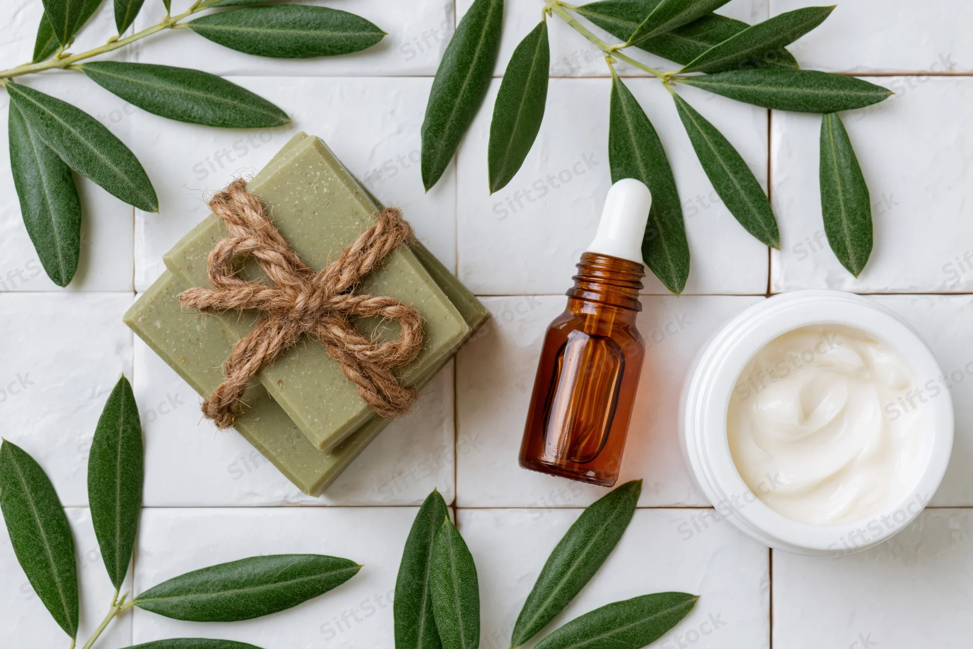 Two olive green handmade soap bars tied with twine, essential oil bottle, cream jar, and olive leaves arranged on white tiled surface