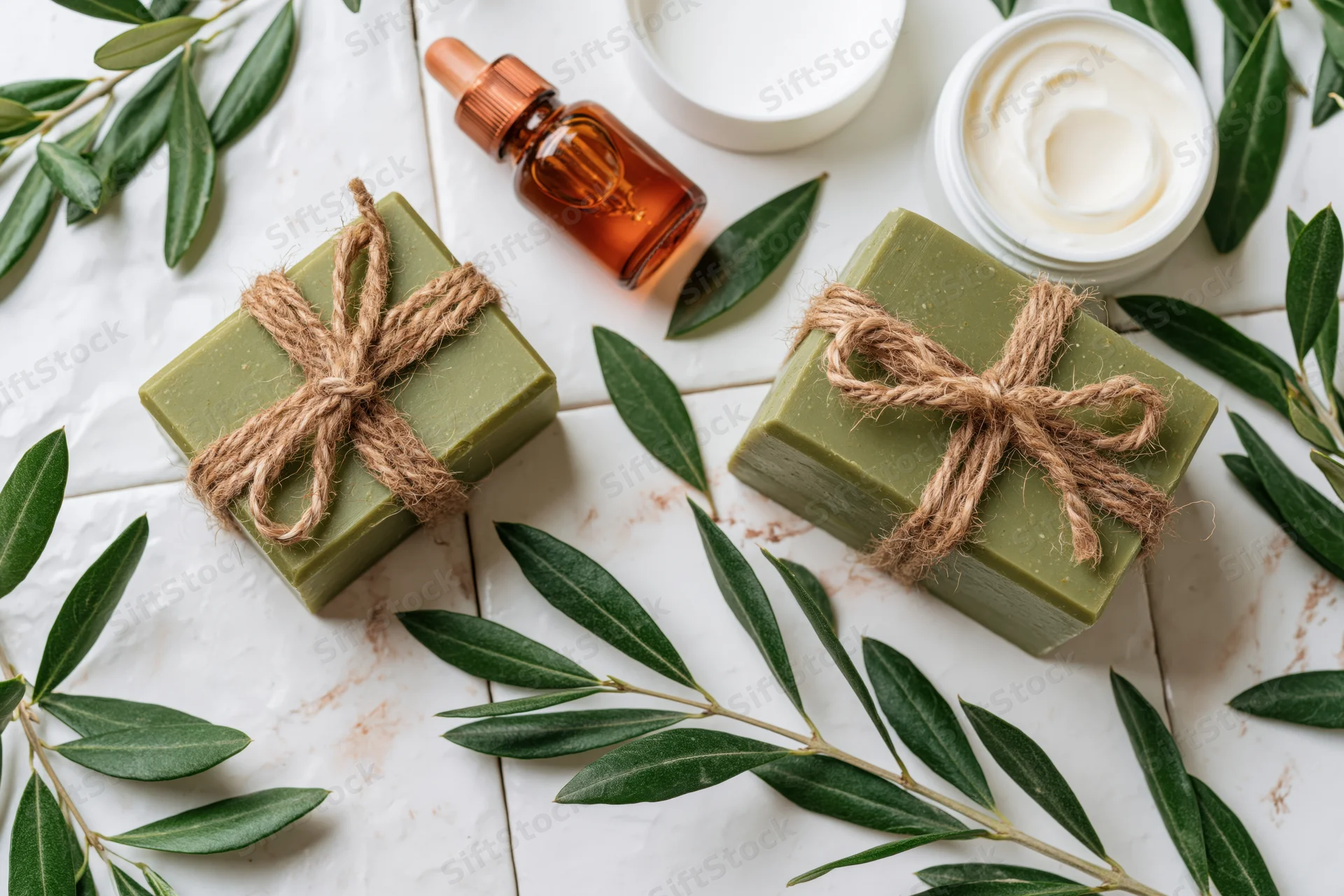 Two olive green handmade soap bars tied with twine arranged with olive leaves and skincare products on white tiles