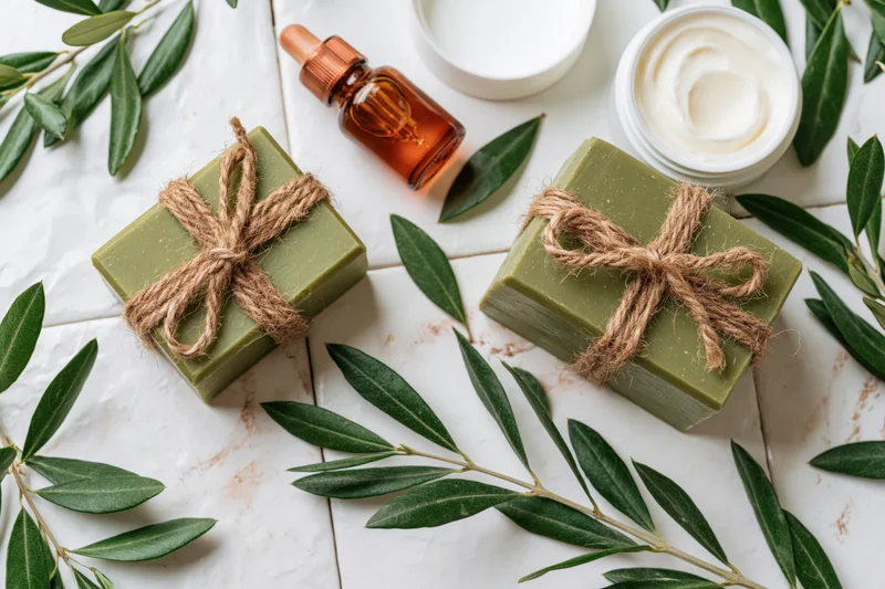 Two olive green handmade soap bars tied with twine arranged with olive leaves and skincare products on white tiles