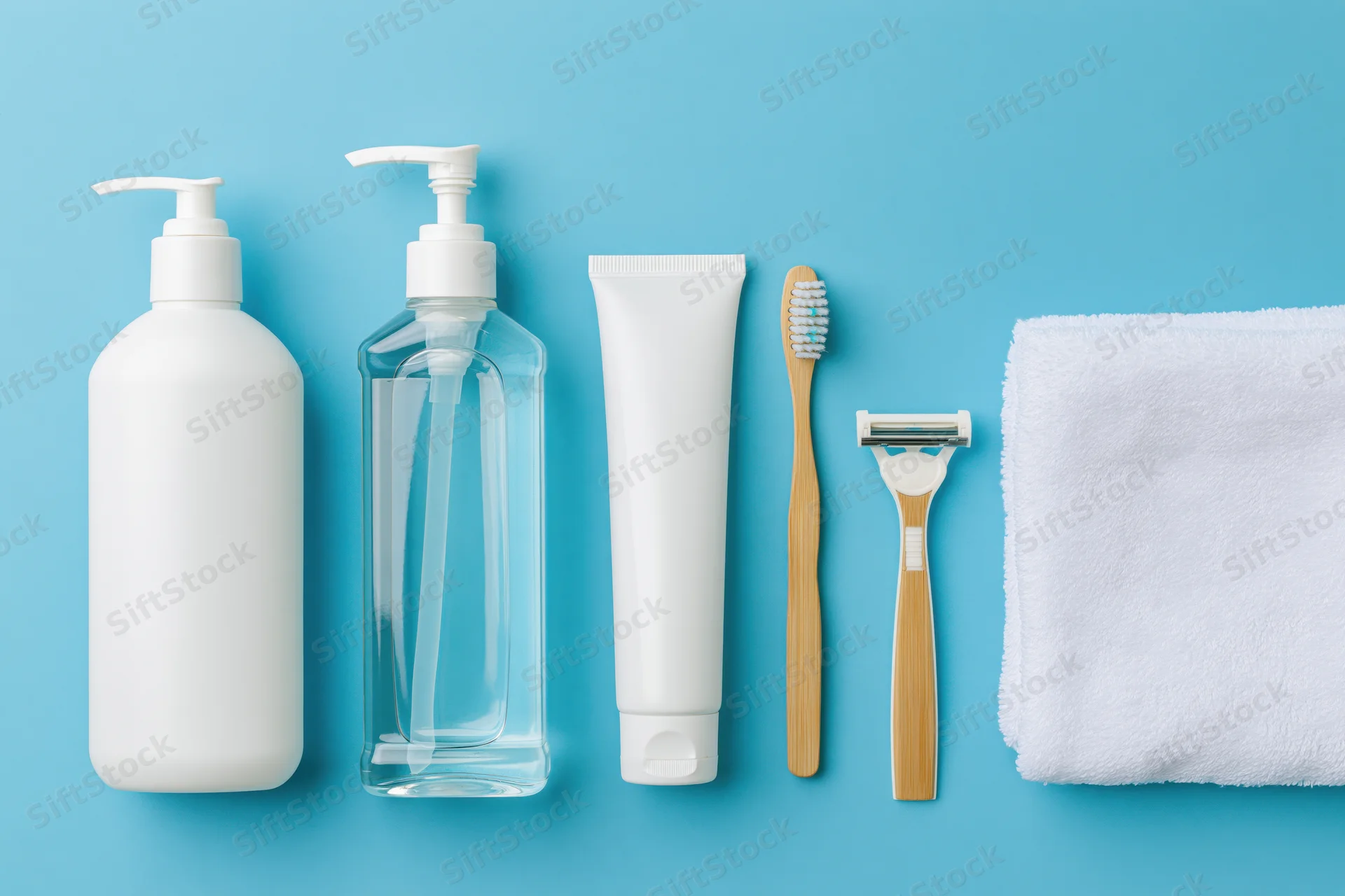 Personal care products arranged in a flat lay on a blue background with copyspace