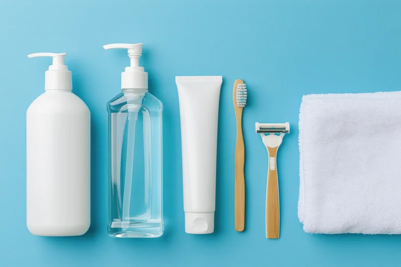 Personal care products arranged in a flat lay on a blue background with copyspace