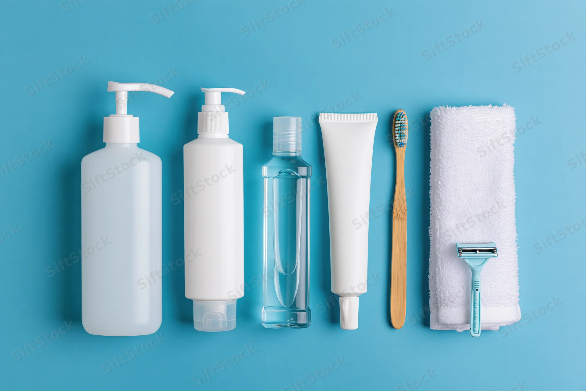 Personal care products arranged in a row on a blue background with copyspace