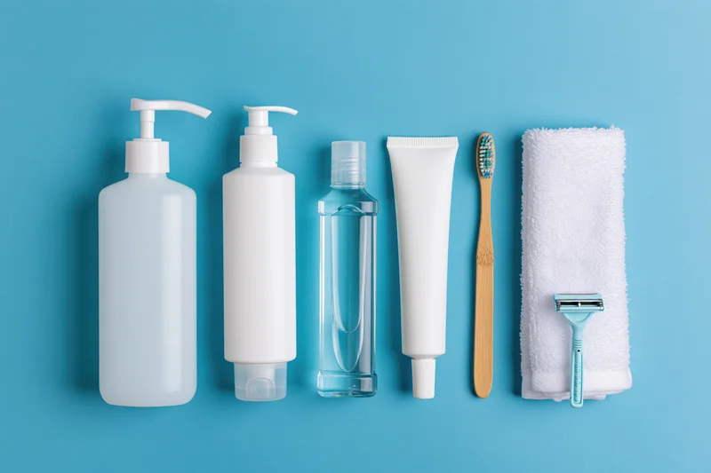 Personal care products arranged in a row on a blue background with copyspace