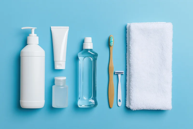 Personal care products arranged in a flat lay on a blue background with copyspace