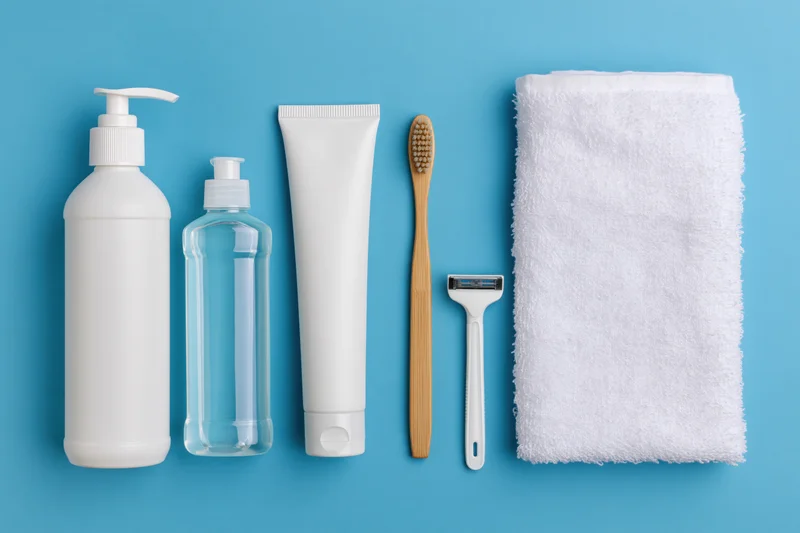 Personal care products arranged in a flat lay on a blue background