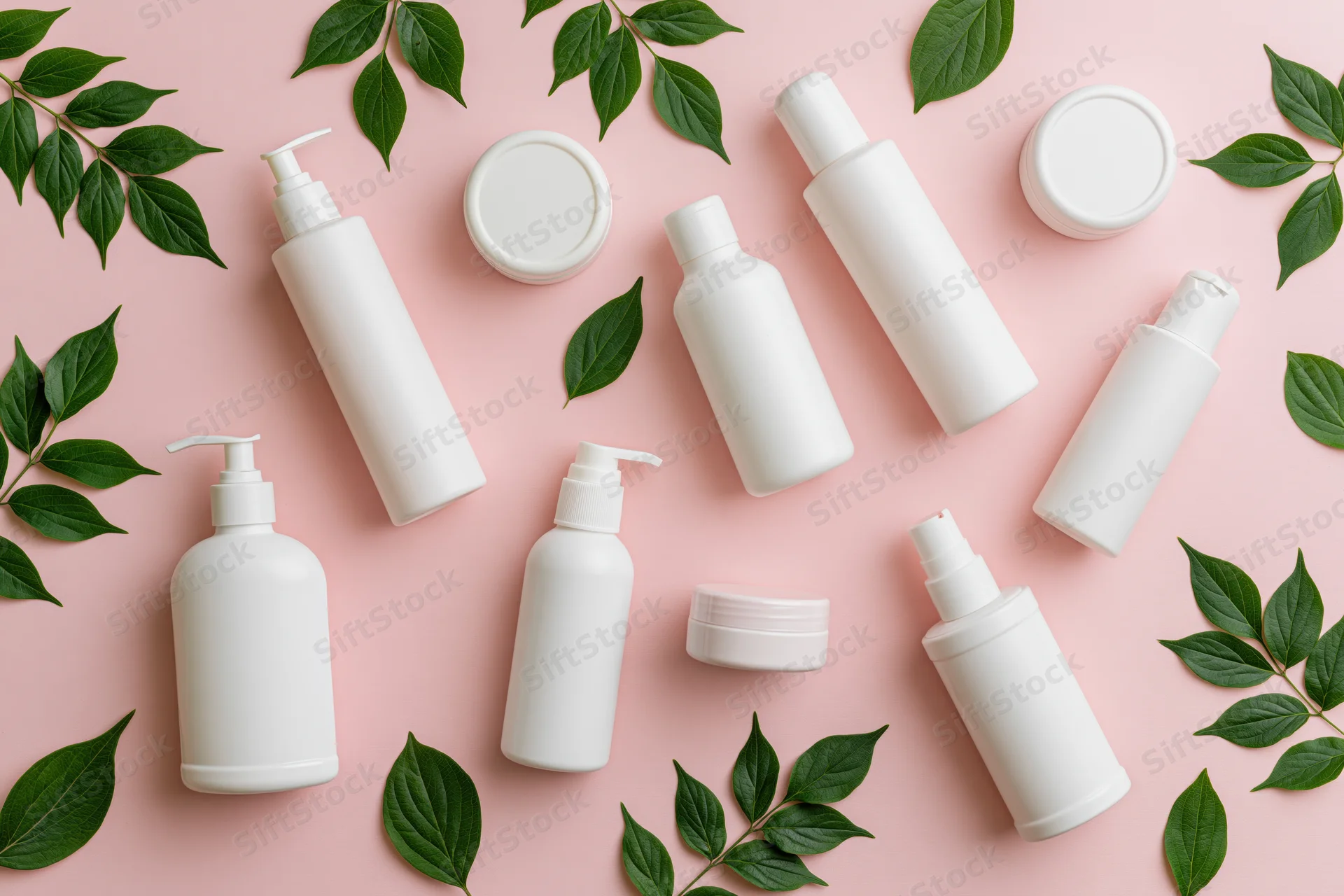 White skincare bottles and green leaves arranged on pink background in flat lay style