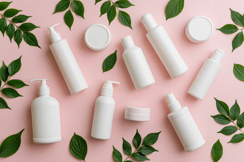 White skincare bottles and green leaves arranged on pink background in flat lay style