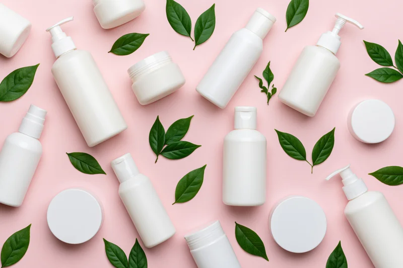 White skincare bottles and green leaves arranged on pink background in flat lay composition
