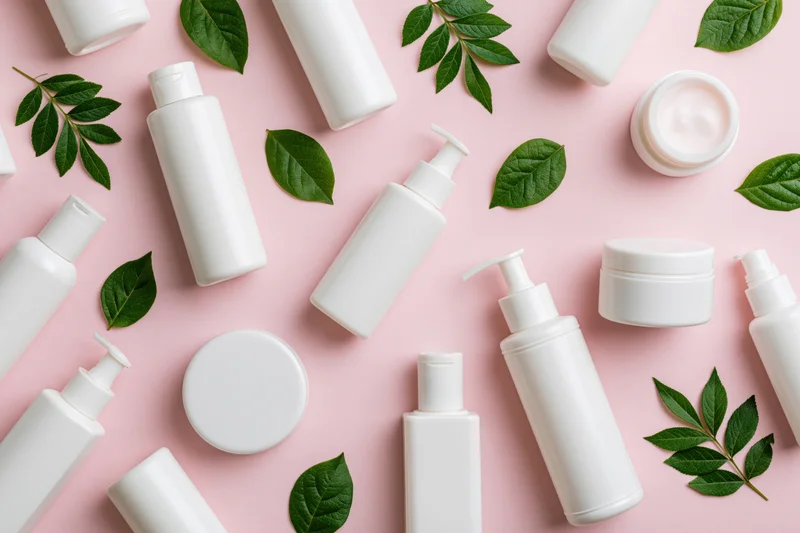 White skincare bottles and jars with green leaves arranged on pink background in flat lay style