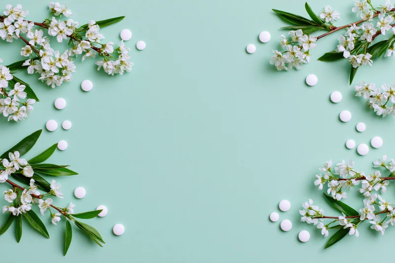 White blossoms and small white pills arranged on mint green surface in flat lay with copyspace