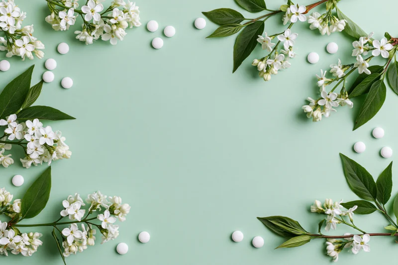 White flower branches and small white pills arranged in a flat lay on a mint green background with copyspace