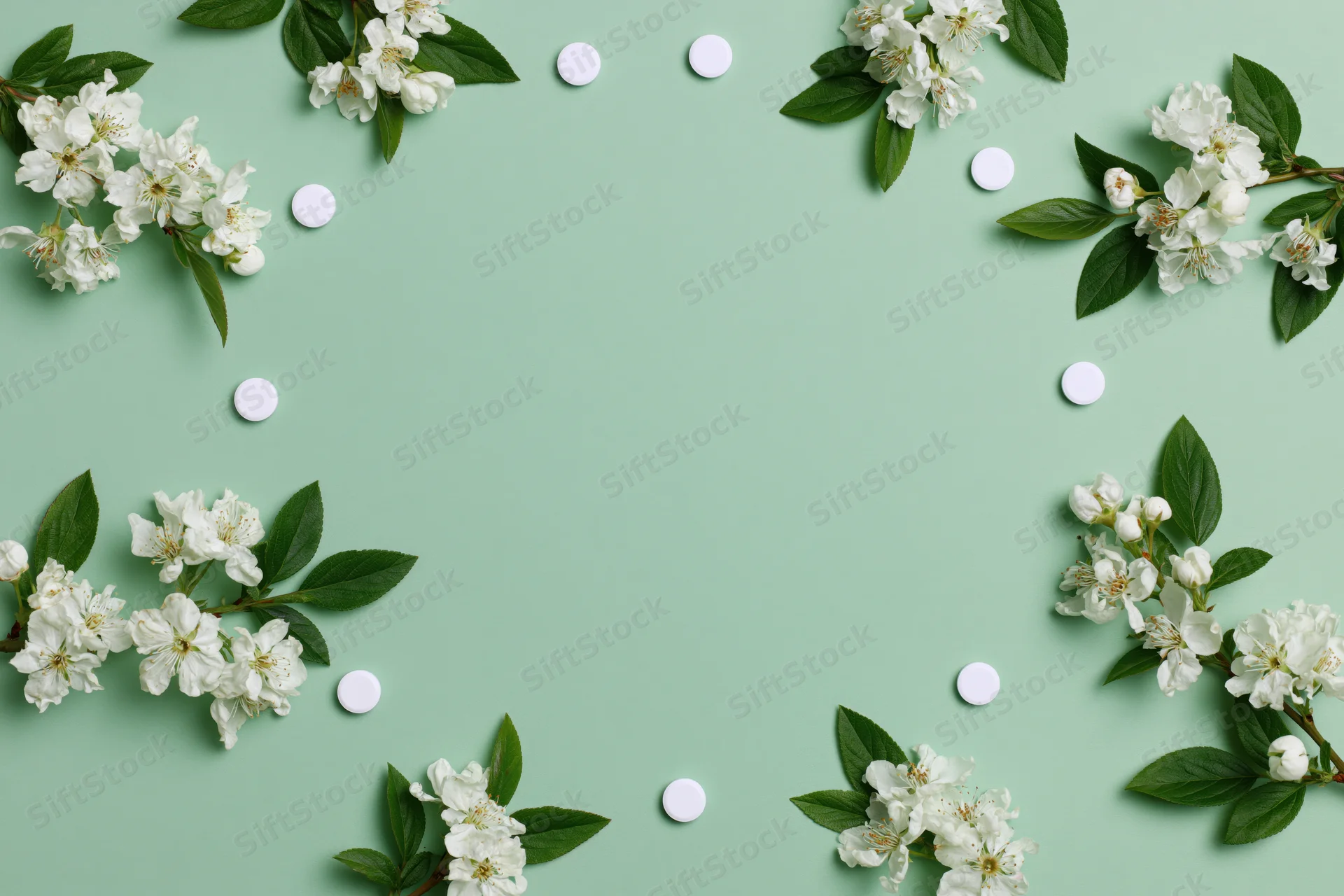 White blossoms and small white pills arranged in a frame on a mint green background