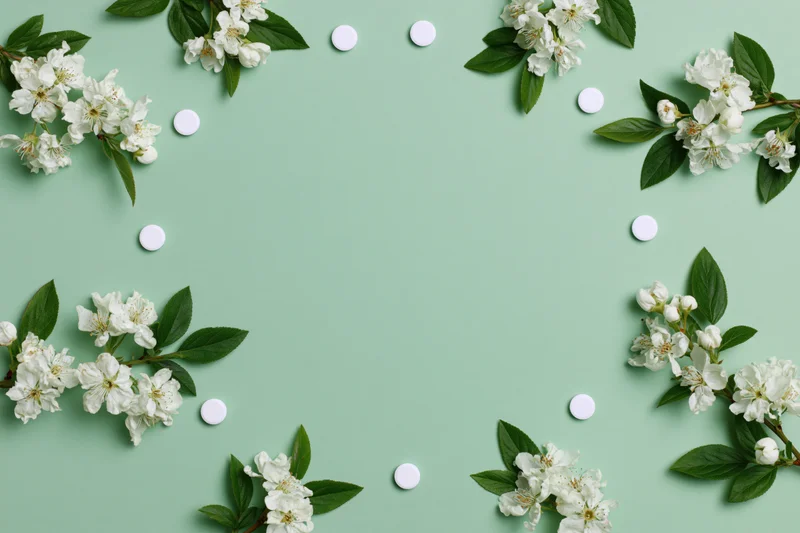 White blossoms and small white pills arranged in a frame on a mint green background